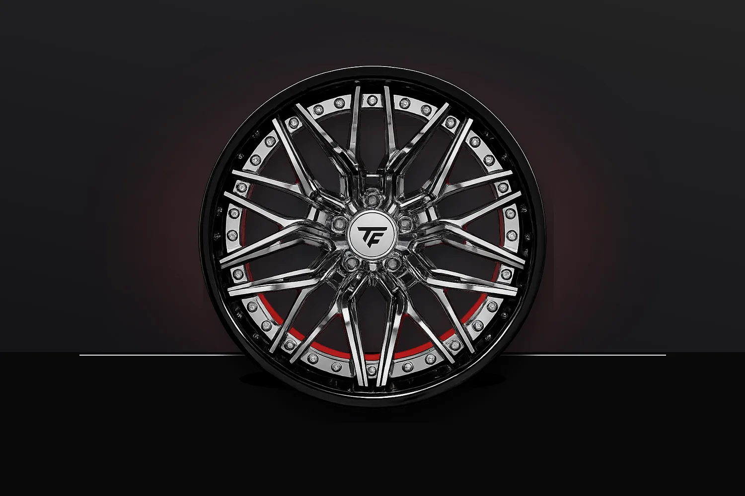 TracForged black chrome wheel with red accent